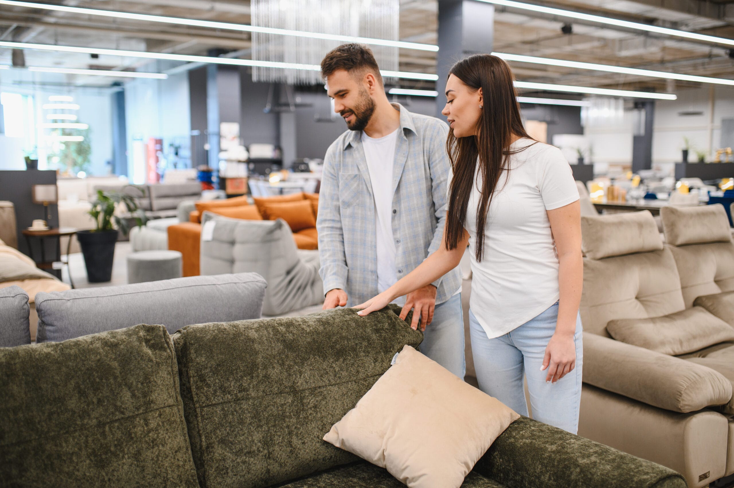 Couple choosing buying sofa new home furniture store Rachat de prêt hypothécaire - Conseils